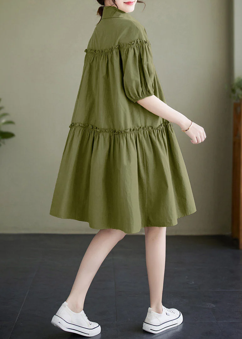 Boho Green Ruffled Patchwork Wrinkled Solid Cotton Mid Dress Summer - Image 4
