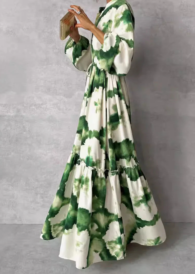 Boho Green Ruffled Print Cotton Ankle Dress Lantern Sleeve - Image 2