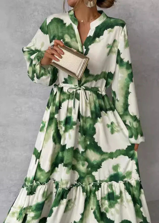 Boho Green Ruffled Print Cotton Ankle Dress Lantern Sleeve - Image 3