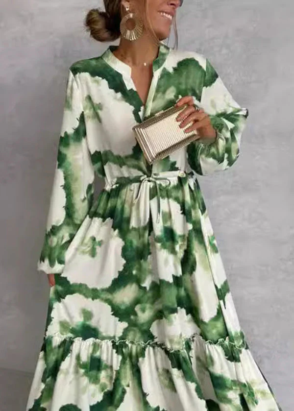 Boho Green Ruffled Print Cotton Ankle Dress Lantern Sleeve - Image 4