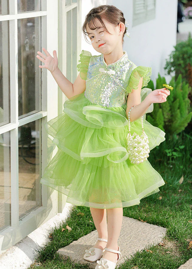 Boho Green Sequins Chinese Button Tulle Kids Girls Dresses Butterfly Sleeve - Image 2