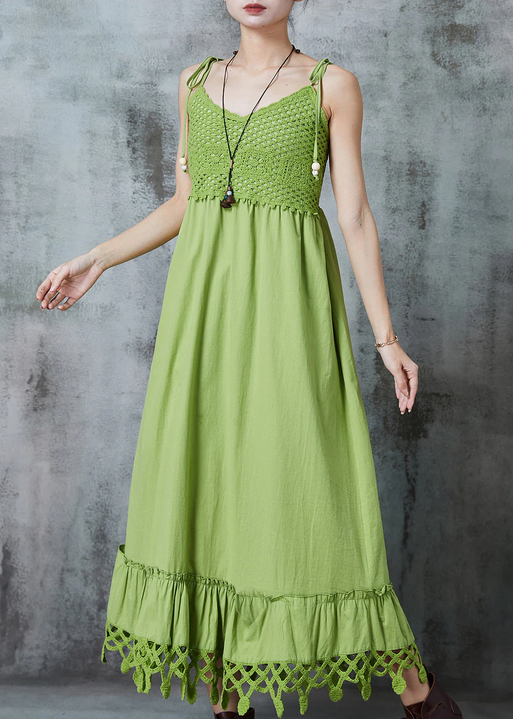 Boho Green Silm Fit Patchwork Cotton Spaghetti Strap Dress Summer - Image 2