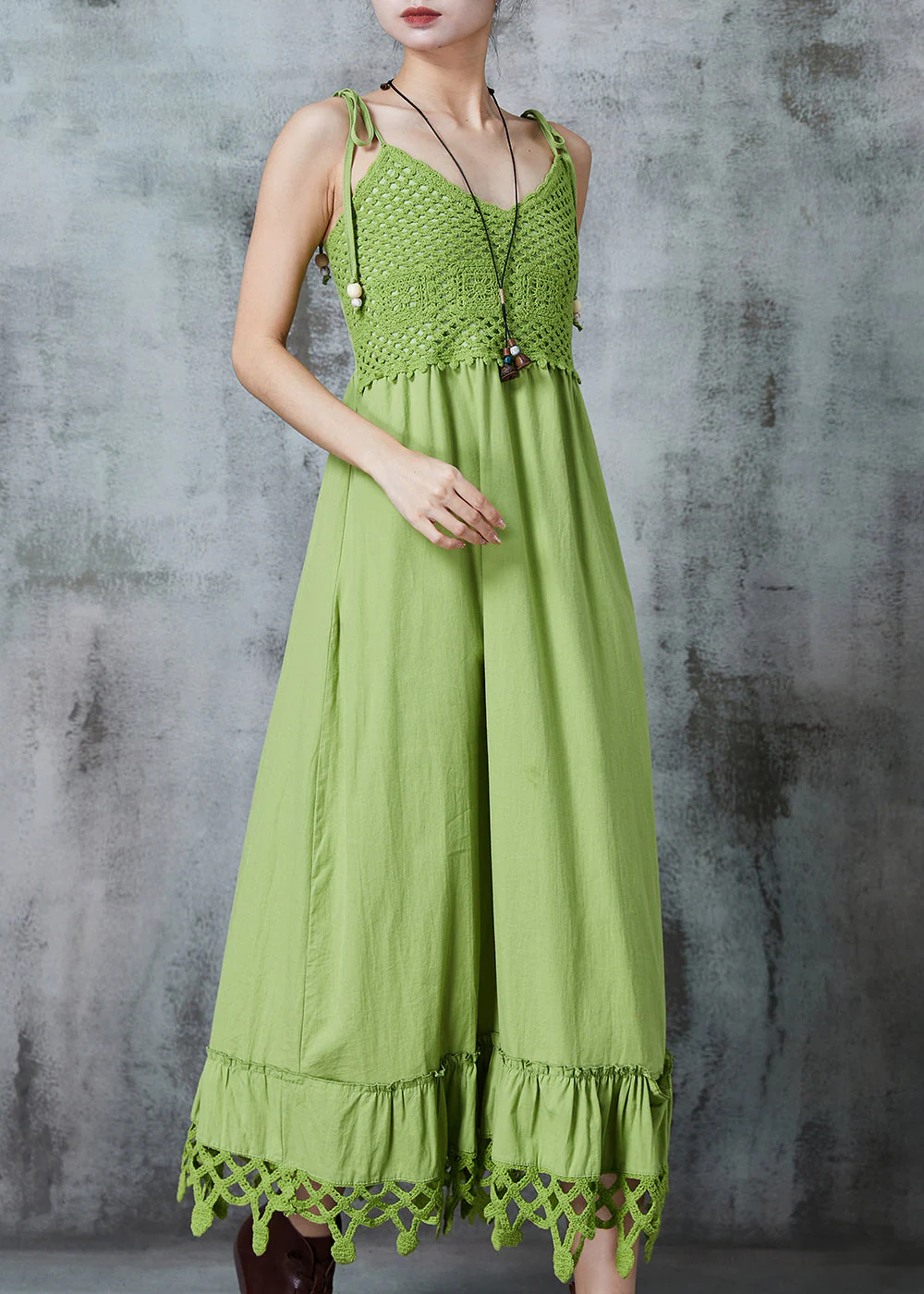 Boho Green Silm Fit Patchwork Cotton Spaghetti Strap Dress Summer - Image 3