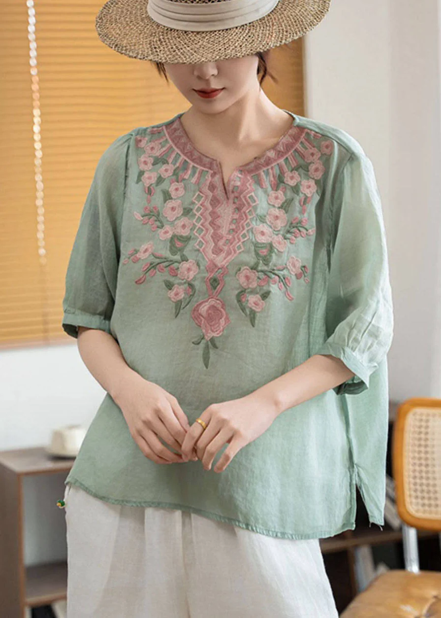Boho Green Stand Collar Embroidered Linen Blouses Summer