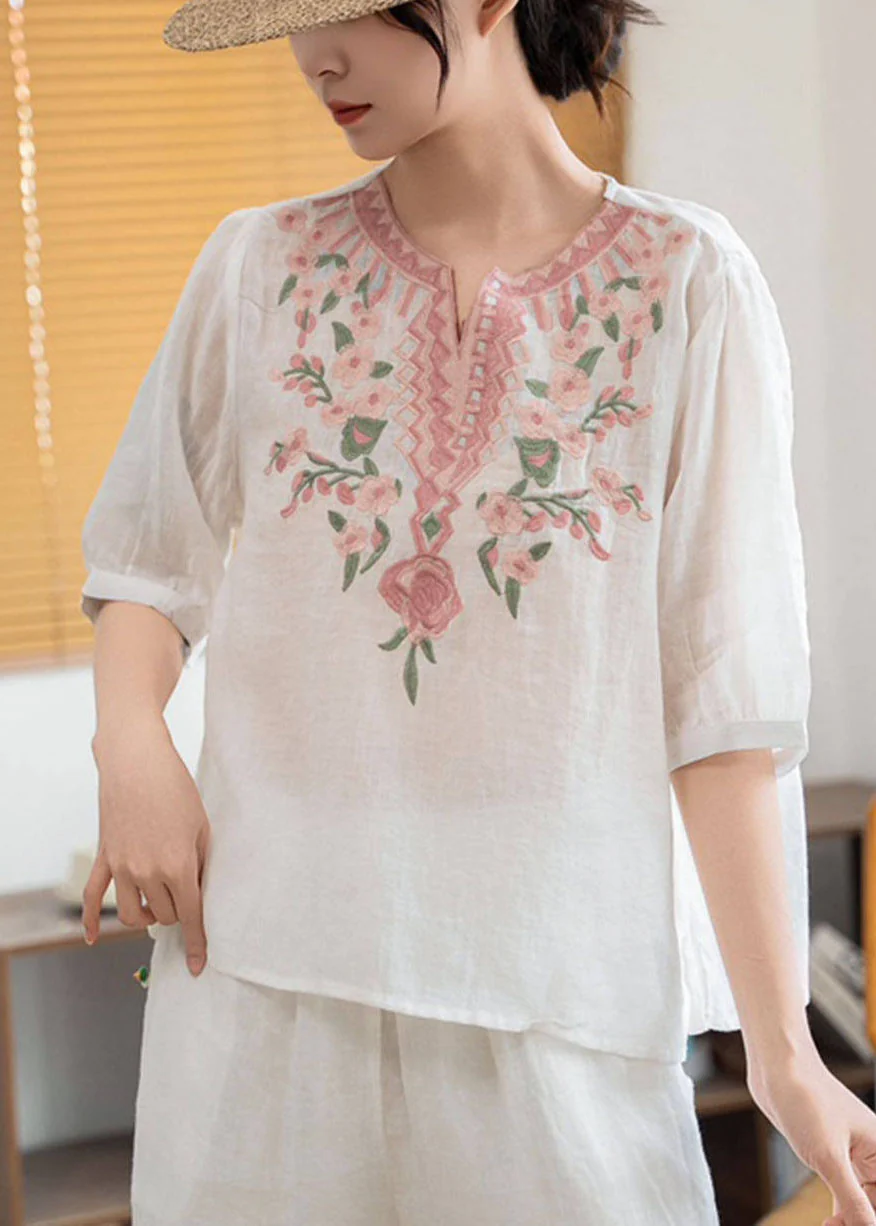 Boho Green Stand Collar Embroidered Linen Blouses Summer - Image 2