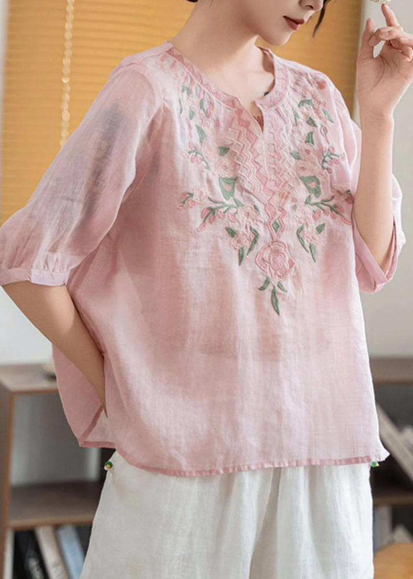 Boho Green Stand Collar Embroidered Linen Blouses Summer - Image 3