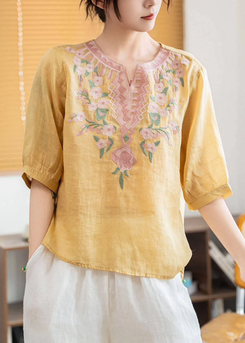 Boho Green Stand Collar Embroidered Linen Blouses Summer - Image 4