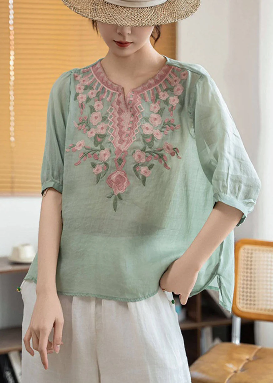 Boho Green Stand Collar Embroidered Linen Blouses Summer - Image 5