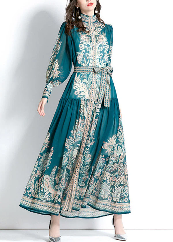 Boho Green Stand Collar Print Tie Waist Chiffon Dress Lantern Sleeve - Image 3