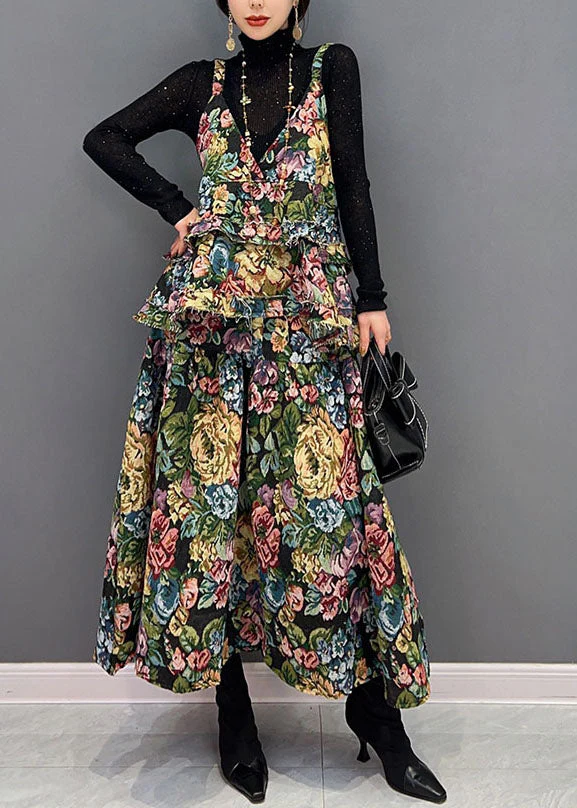 Boho Green V-Neck Floral Print Ruffles Cotton Dresses Two Pieces Set Winter - Image 2