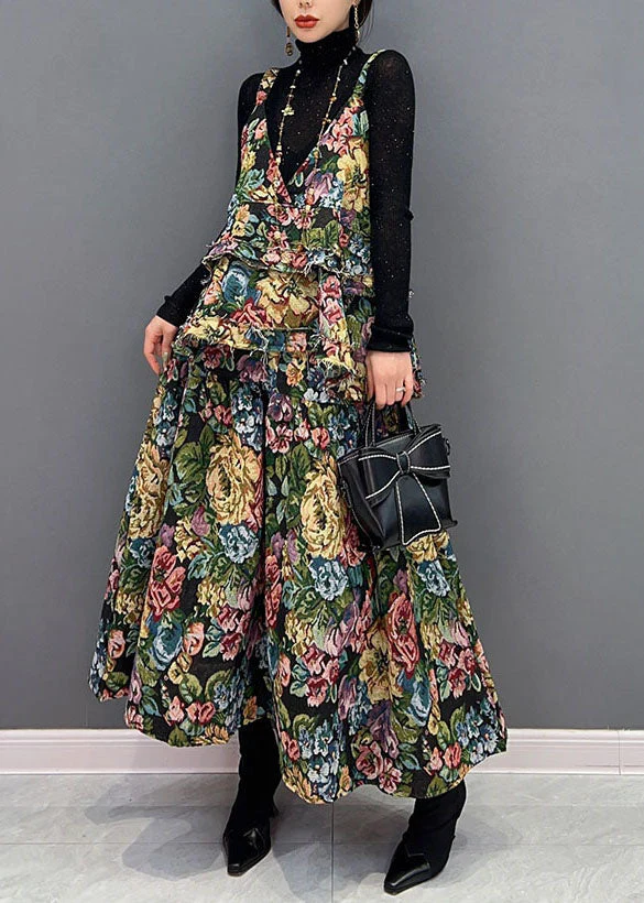 Boho Green V-Neck Floral Print Ruffles Cotton Dresses Two Pieces Set Winter - Image 3