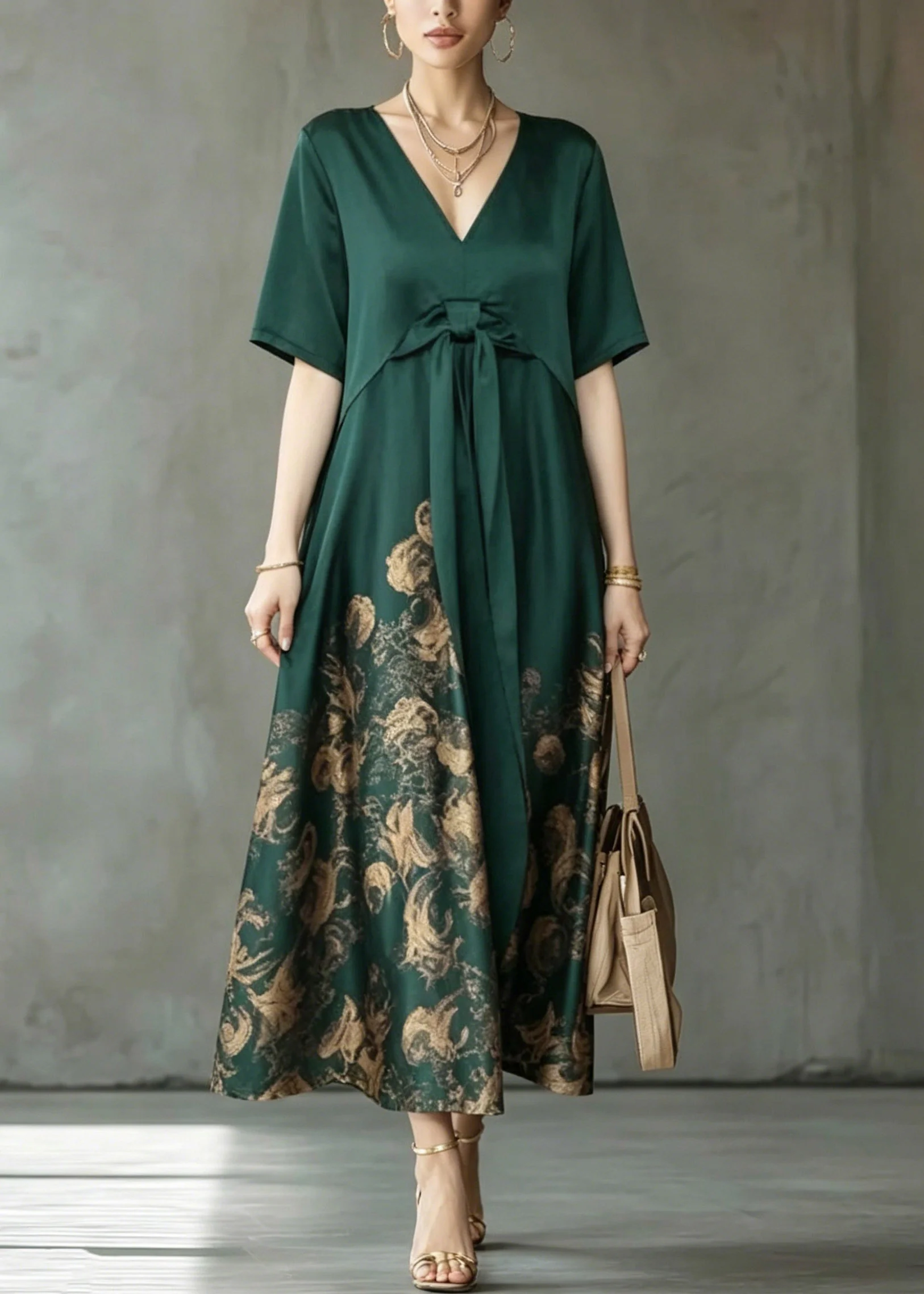 Boho Green Wrinkled Patchwork Maxi Dress Short Sleeve - Image 3
