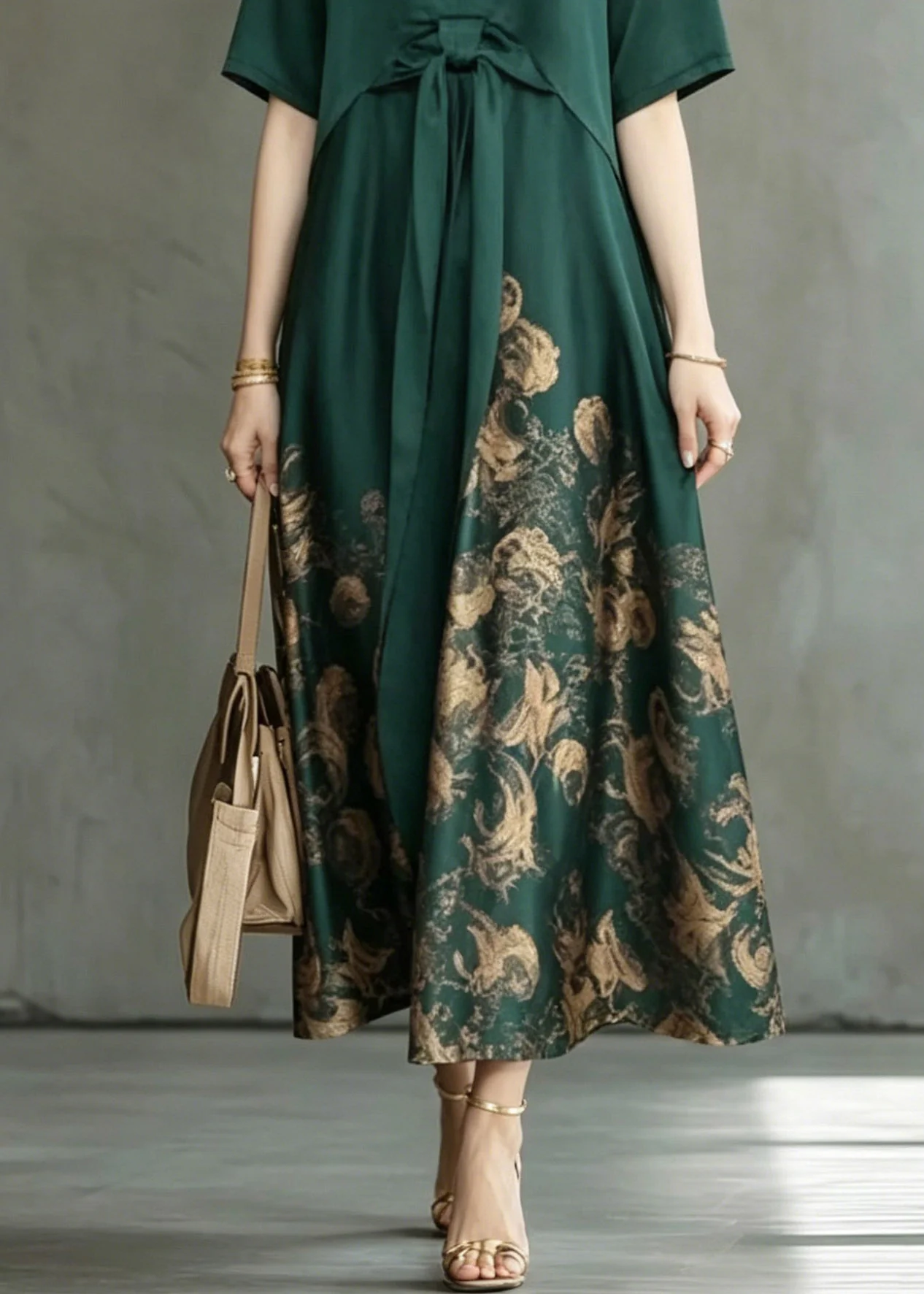 Boho Green Wrinkled Patchwork Maxi Dress Short Sleeve - Image 4