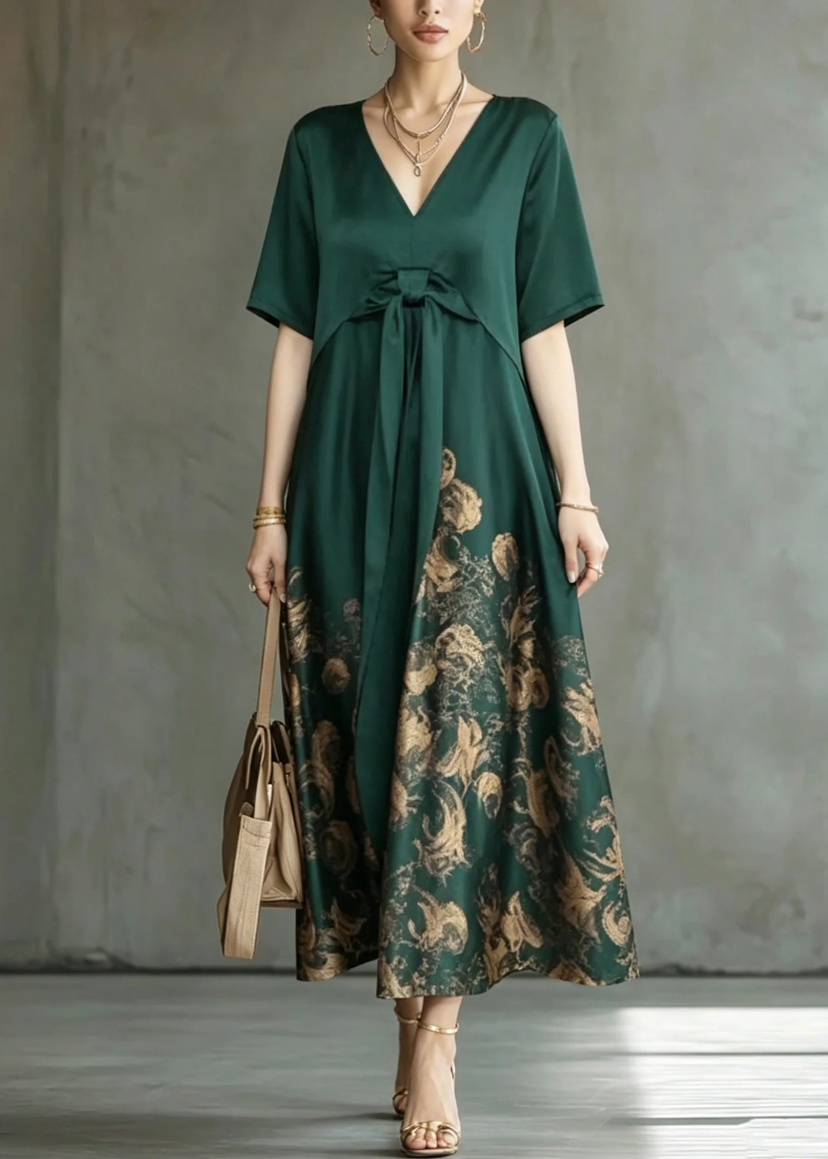 Boho Green Wrinkled Patchwork Maxi Dress Short Sleeve - Image 5
