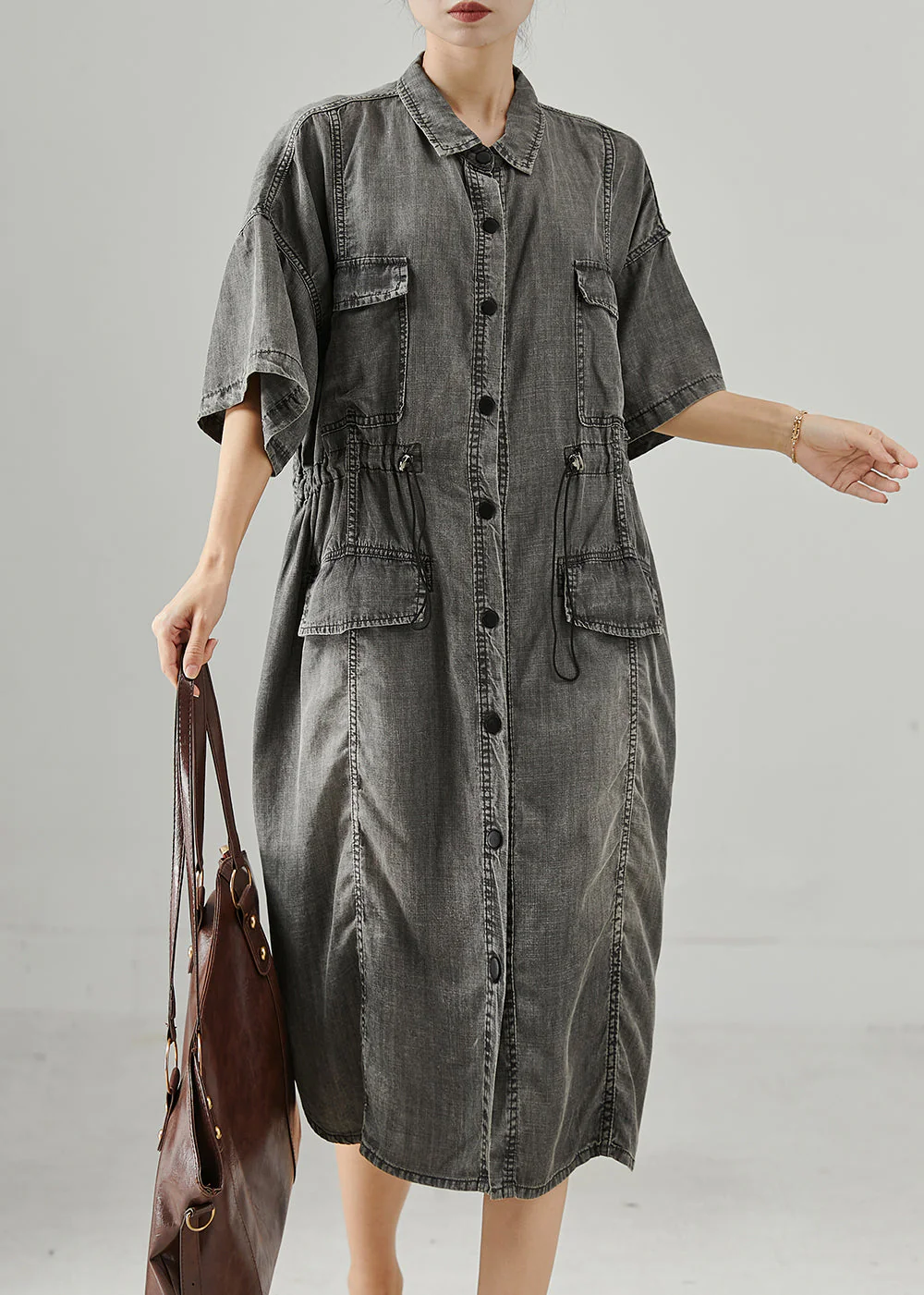 Boho Grey Cinched Denim Holiday Dress Summer - Image 2