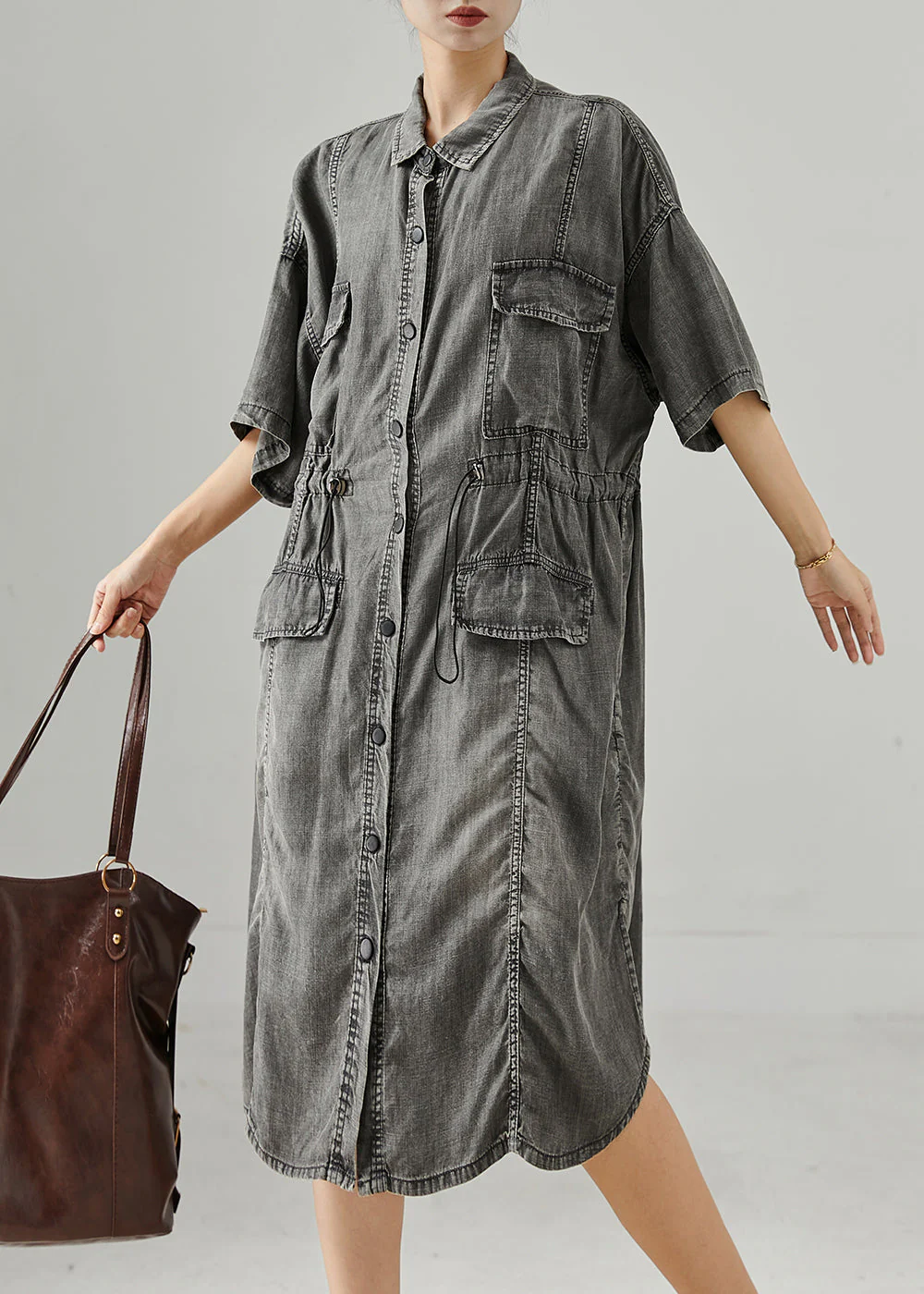 Boho Grey Cinched Denim Holiday Dress Summer - Image 3