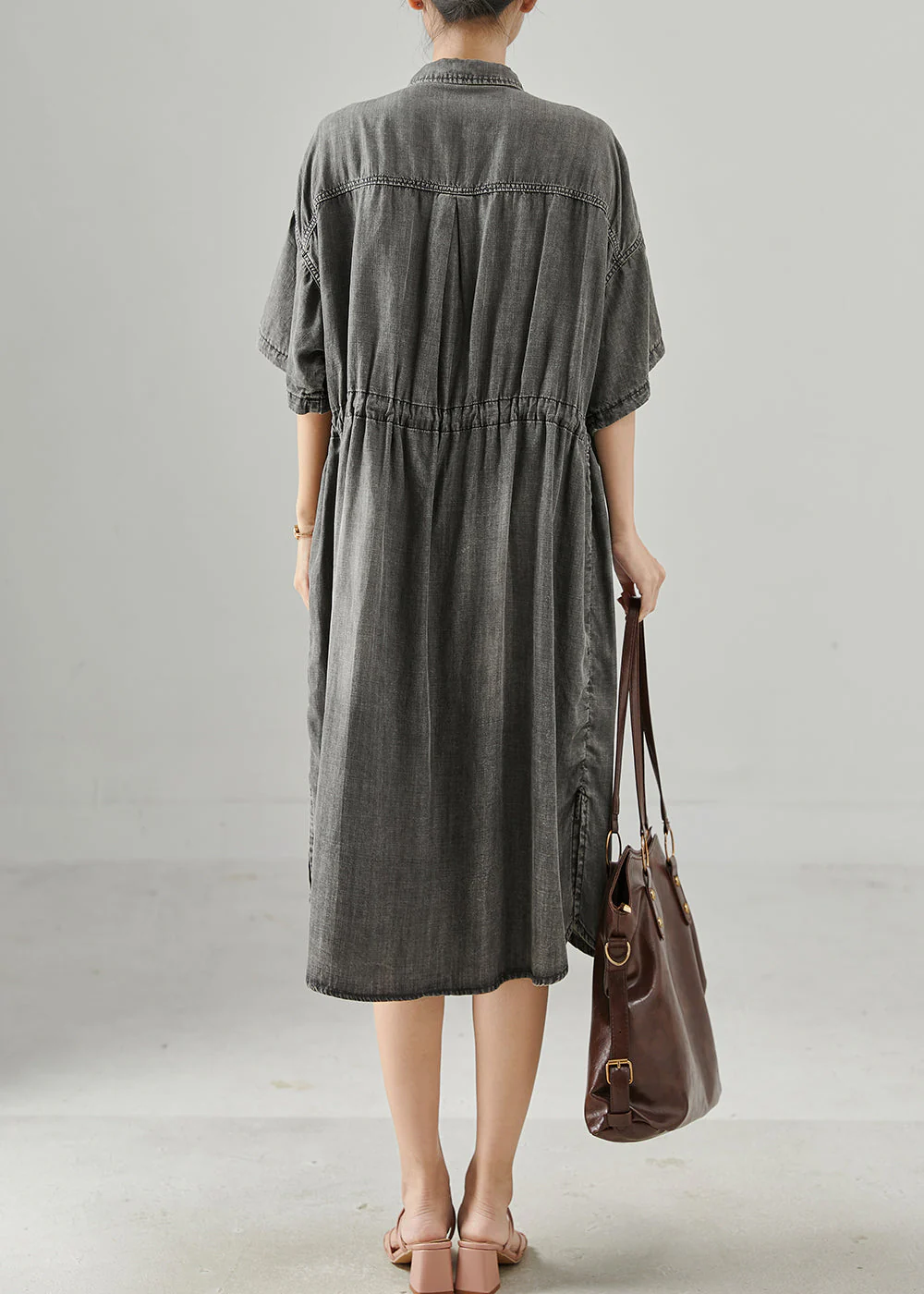 Boho Grey Cinched Denim Holiday Dress Summer - Image 4