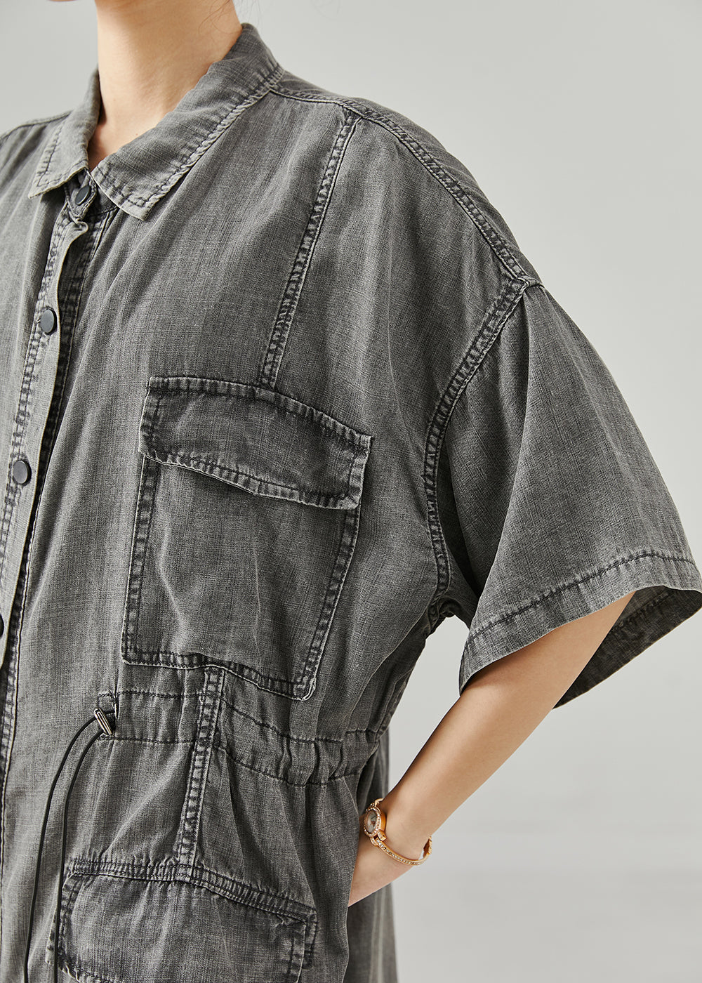 Boho Grey Cinched Denim Holiday Dress Summer - Image 5