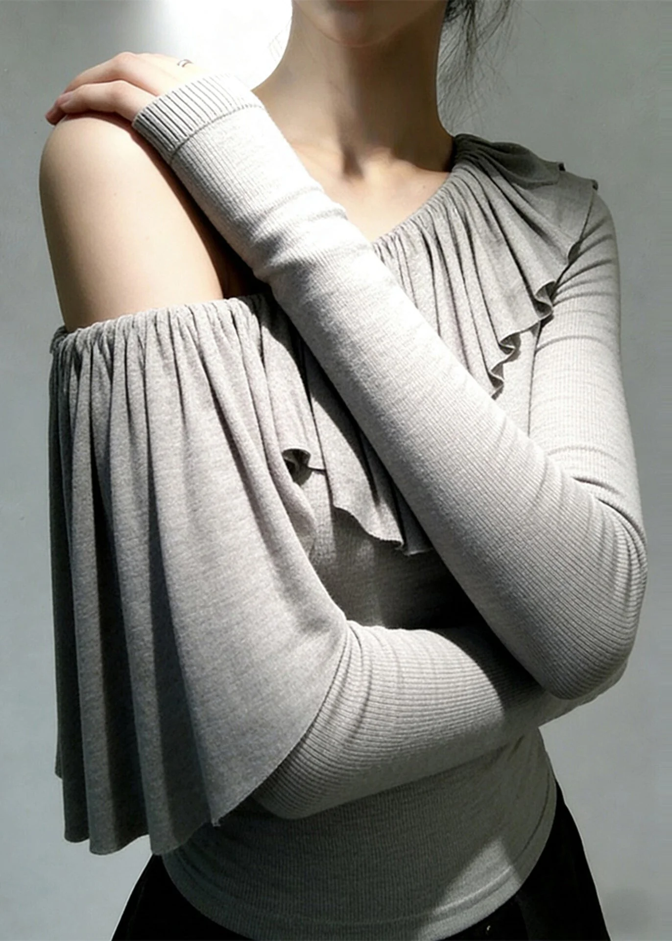 Boho Grey One Shoulder Ruffles Cotton Top Spring - Image 2