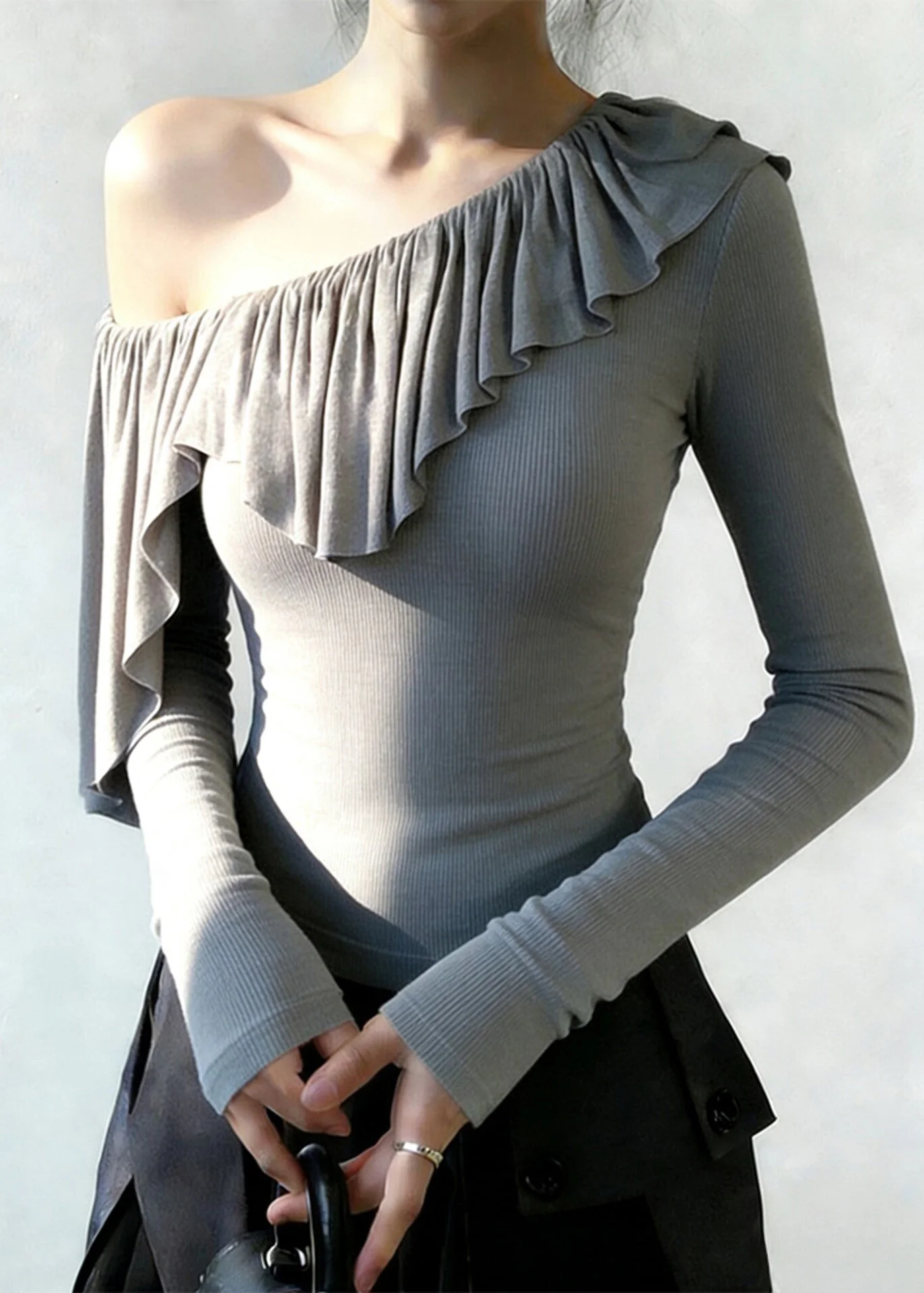 Boho Grey One Shoulder Ruffles Cotton Top Spring - Image 3