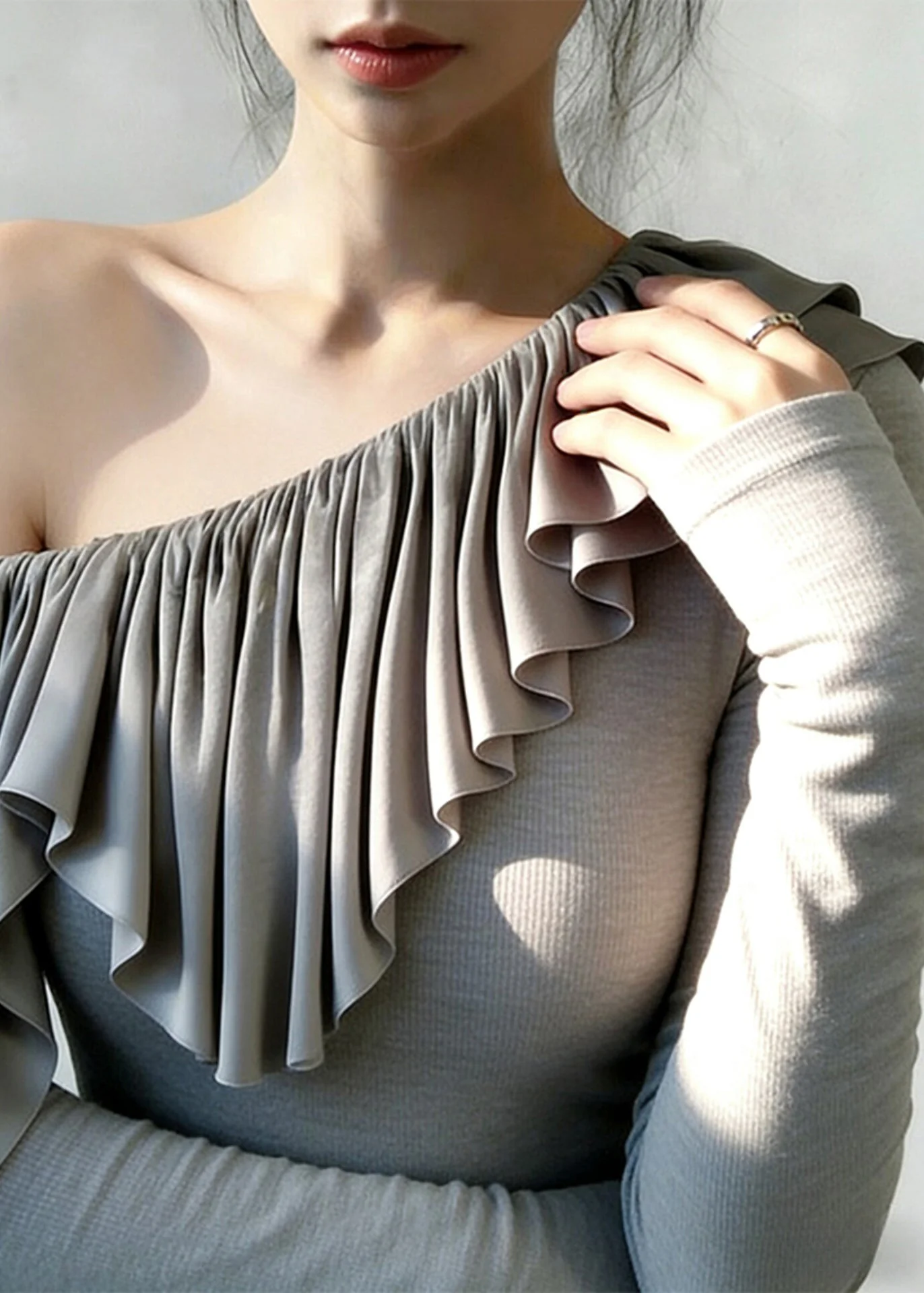 Boho Grey One Shoulder Ruffles Cotton Top Spring - Image 4