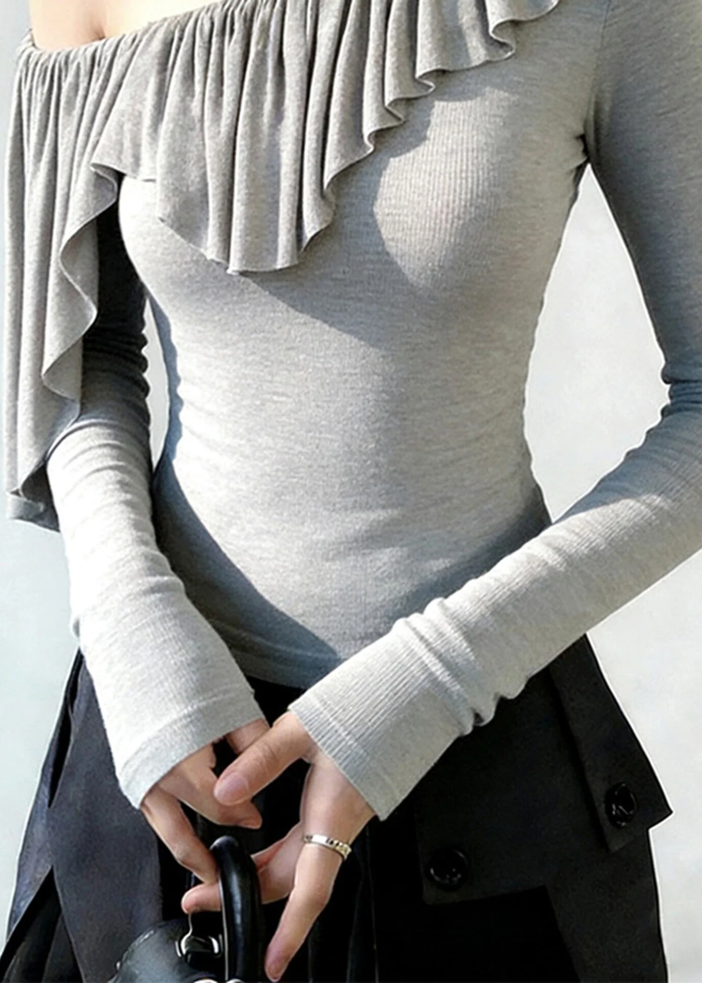 Boho Grey One Shoulder Ruffles Cotton Top Spring - Image 5