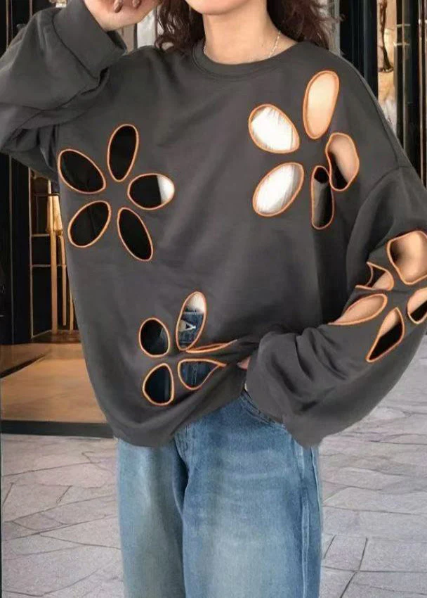 Boho Grey Oversized Hollow Out Cotton Pullover Streetwear Spring - Image 3