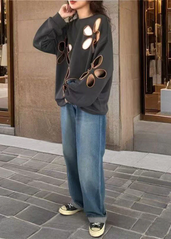 Boho Grey Oversized Hollow Out Cotton Pullover Streetwear Spring - Image 5