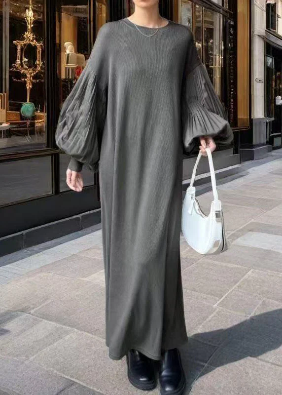 Boho Grey Oversized Patchwork Cotton Dress Lantern Sleeve - Image 2