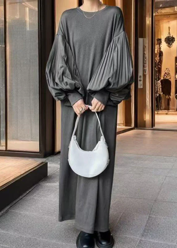 Boho Grey Oversized Patchwork Cotton Dress Lantern Sleeve - Image 3