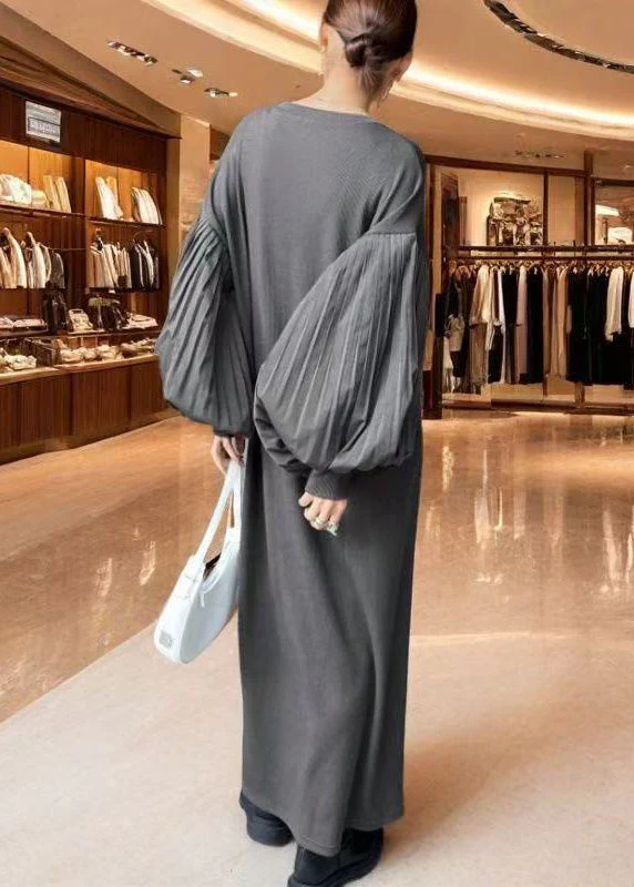 Boho Grey Oversized Patchwork Cotton Dress Lantern Sleeve - Image 4
