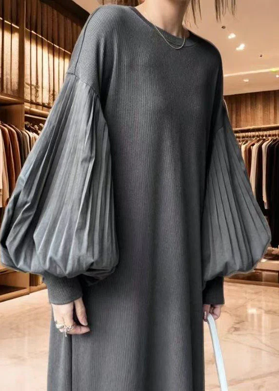 Boho Grey Oversized Patchwork Cotton Dress Lantern Sleeve - Image 5