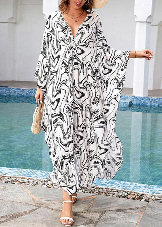 Boho Grey V Neck Print Side Open Maxi Dresses Fall - Image 3
