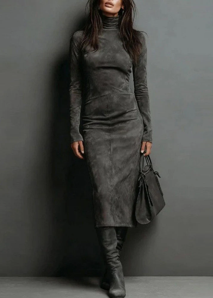 Boho Khaki Hign Neck Slim Fit Faux Suede Dresses Spring - Image 3