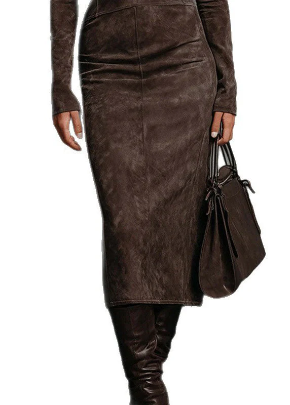 Boho Khaki Hign Neck Slim Fit Faux Suede Dresses Spring - Image 5
