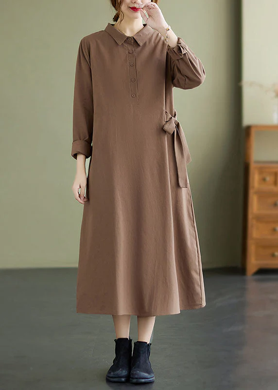 Boho Khaki Peter Pan Collar Button Dress Spring - Image 3
