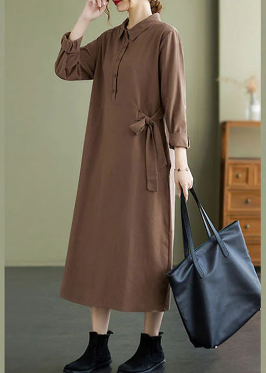 Boho Khaki Peter Pan Collar Button Dress Spring - Image 4