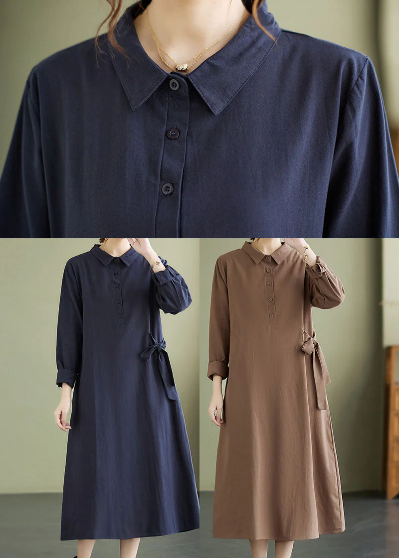 Boho Khaki Peter Pan Collar Button Dress Spring - Image 5