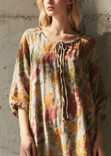 Boho Khaki Tie Neck Print Cotton Holiday Dress Summer - Image 2