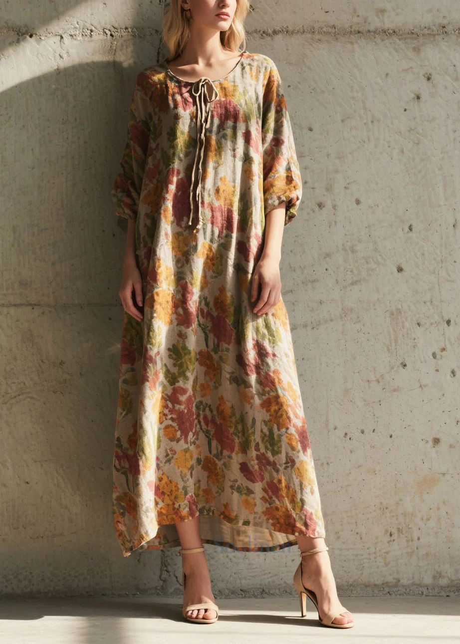 Boho Khaki Tie Neck Print Cotton Holiday Dress Summer - Image 3