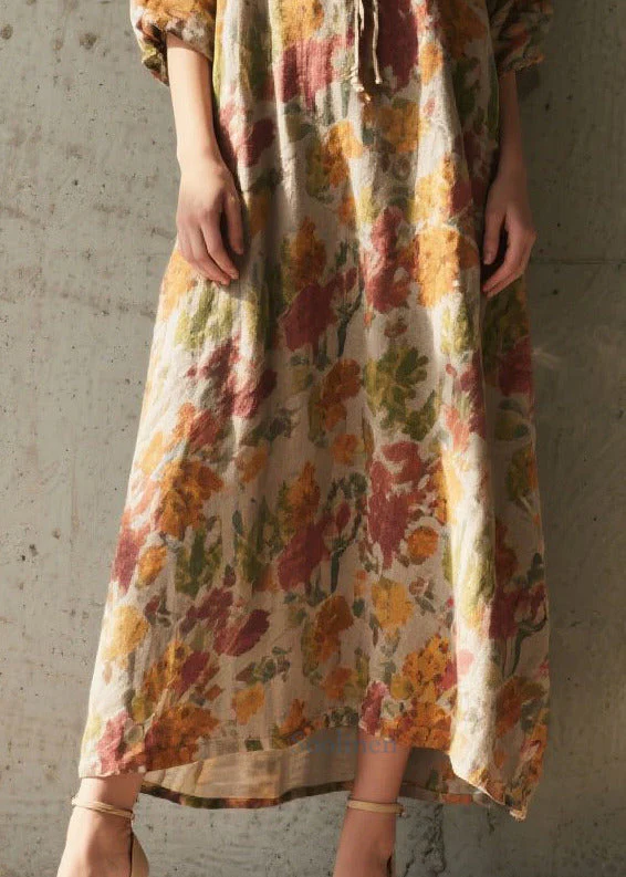 Boho Khaki Tie Neck Print Cotton Holiday Dress Summer - Image 4