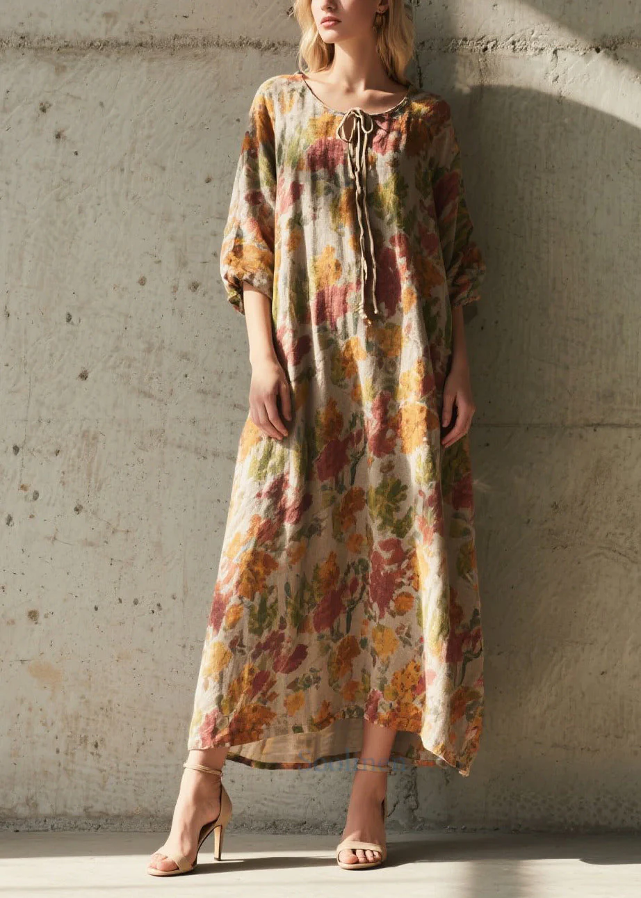 Boho Khaki Tie Neck Print Cotton Holiday Dress Summer - Image 5