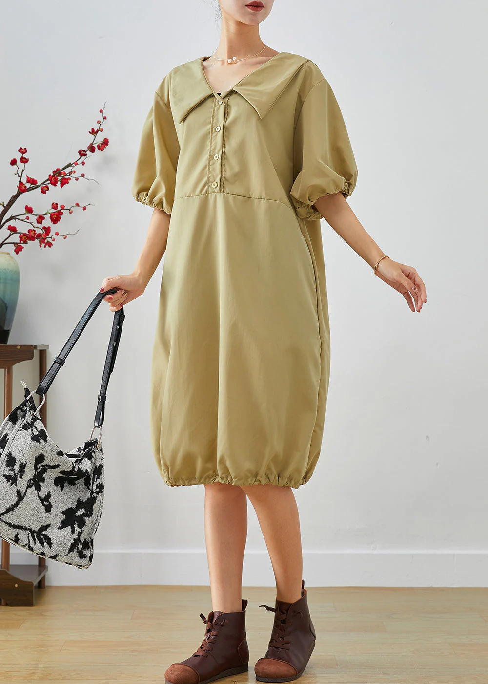 Boho Khaki V Neck Oversized Cotton Mid Dress Lantern Sleeve - Image 2
