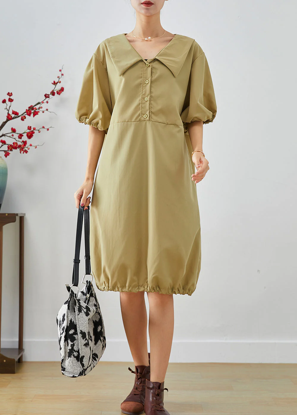 Boho Khaki V Neck Oversized Cotton Mid Dress Lantern Sleeve - Image 3