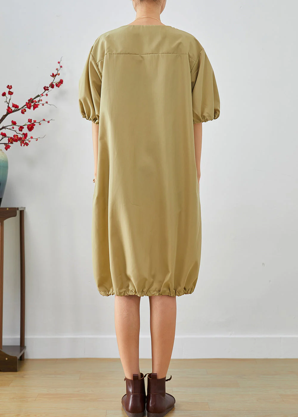 Boho Khaki V Neck Oversized Cotton Mid Dress Lantern Sleeve - Image 4