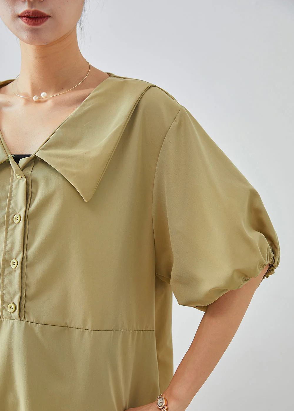 Boho Khaki V Neck Oversized Cotton Mid Dress Lantern Sleeve - Image 5