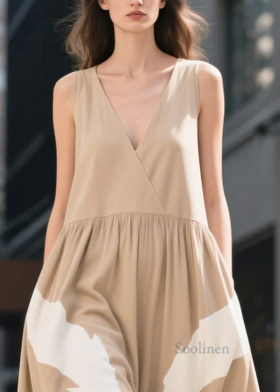 Boho Khaki V Neck Print Cotton Ankle Dress Summer - Image 2