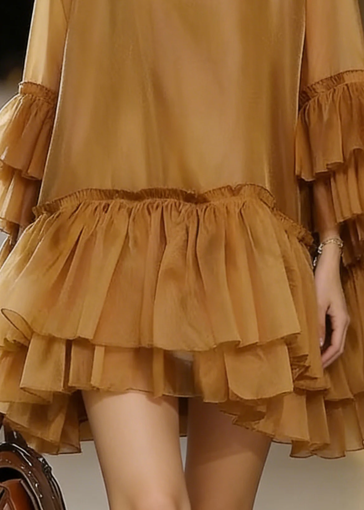Boho Khaki V Neck Ruffles Chiffon Mid Dress Summer - Image 4