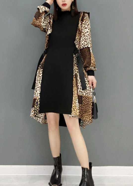Boho Leopard print tie waist Patchwork Chiffon Dresses Spring - Image 2