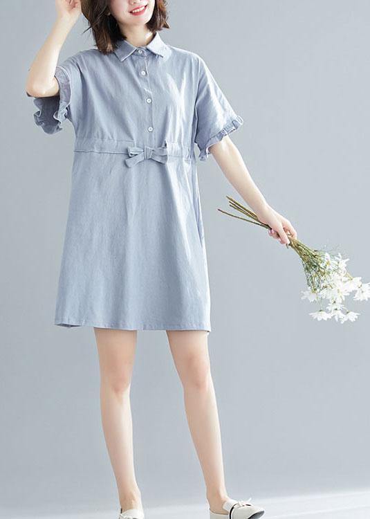 Boho Light Blue Peter Pan Collar Ruffled Mini Summer Cotton Dress - Image 2